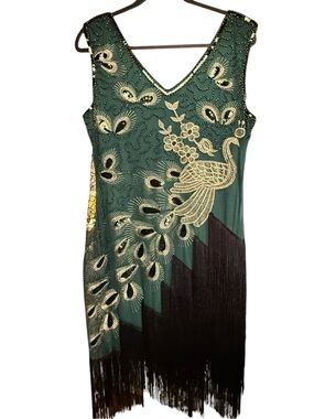 Vintage Style Green Gold Black Peacock Flapper Dress m Sequin Fringe Gatsby NWT